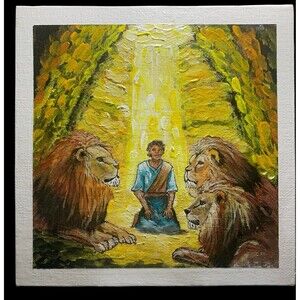 Original Acrylic painting on canvas board, Daniel and the Lions.